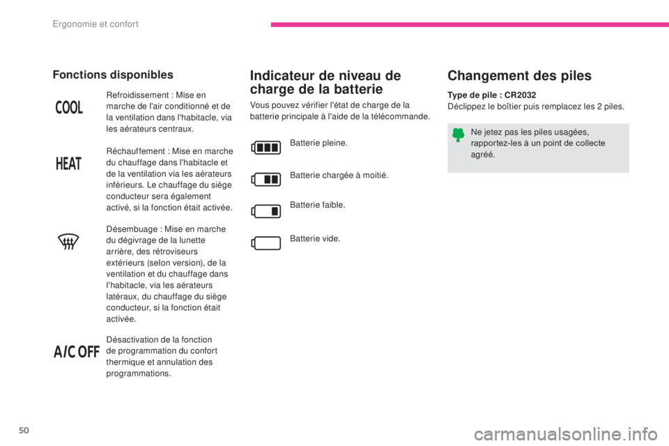 CITROEN C-ZERO 2017 Notices Demploi (in French) 50
Indicateur de niveau de
charge de la batterie
Vous pouvez vérifier l'état de charge de la
batterie principale à l'aide de la télécommande.
Refroidissement : Mise en
marche de l' CITROEN C-ZERO 2017 Notices Demploi (in French) 50
Indicateur de niveau de
charge de la batterie
Vous pouvez vérifier l'état de charge de la
batterie principale à l'aide de la télécommande.
Refroidissement : Mise en
marche de l'