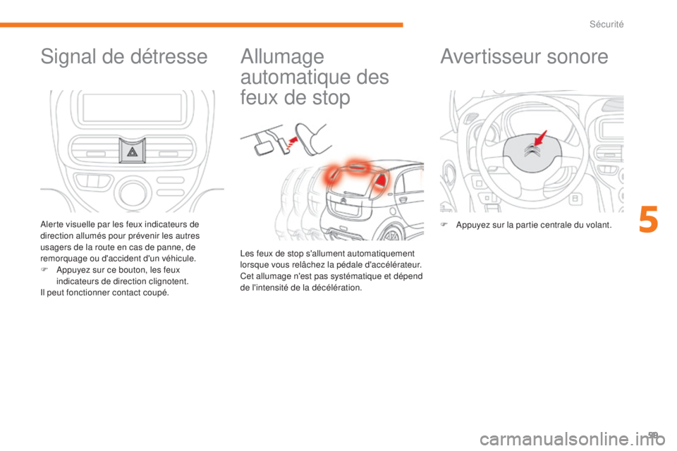 CITROEN C-ZERO 2017 Notices Demploi (in French) 59
Allumage
automatique des
feux de stop
Les feux de stop s'allument automatiquement
lorsque vous relâchez la pédale d'accélérateur.
Cet allumage n'est pas systématique et dépend CITROEN C-ZERO 2017 Notices Demploi (in French) 59
Allumage
automatique des
feux de stop
Les feux de stop s'allument automatiquement
lorsque vous relâchez la pédale d'accélérateur.
Cet allumage n'est pas systématique et dépend