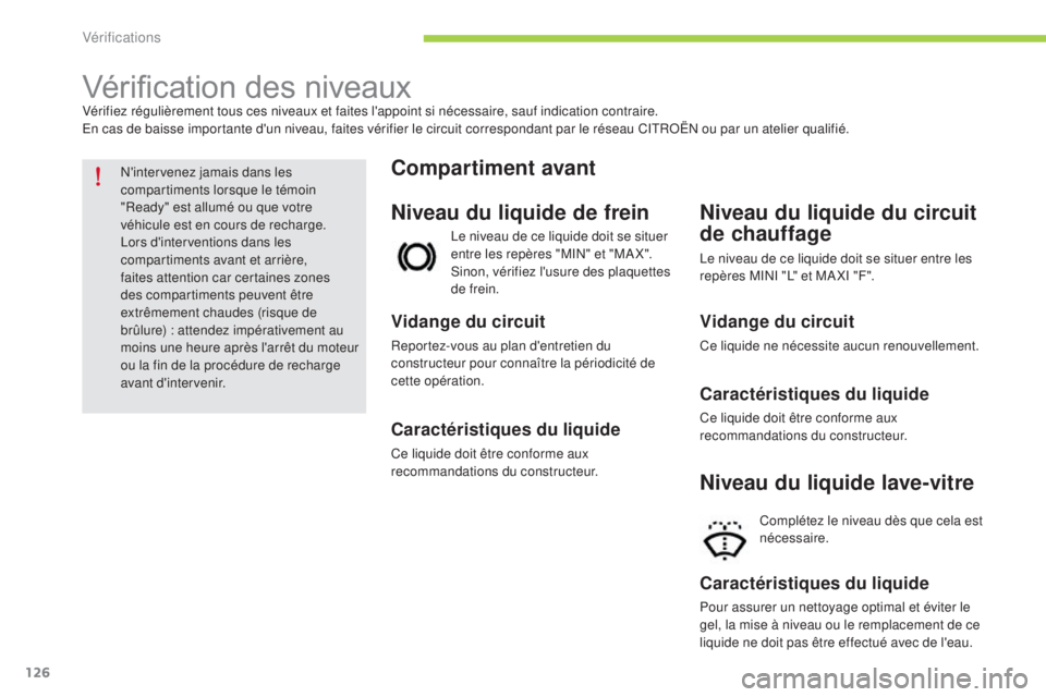 CITROEN C-ZERO 2016  Notices Demploi (in French) 126
Vérification des niveauxVérifiez régulièrement tous ces niveaux et faites l'appoint si nécessaire, sauf indication contraire.en cas de baisse importante d'un niveau, faites vérifier 