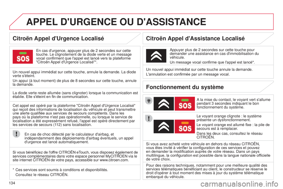 CITROEN C-ZERO 2016  Notices Demploi (in French) 134
APPEL D ' URGENCE   OU   D ' ASSISTANCE
en cas d'urgence, appuyer plus de 2 secondes sur cette 
touche.  l e clignotement de la diode verte et un message 
vocal confirment que l'ap