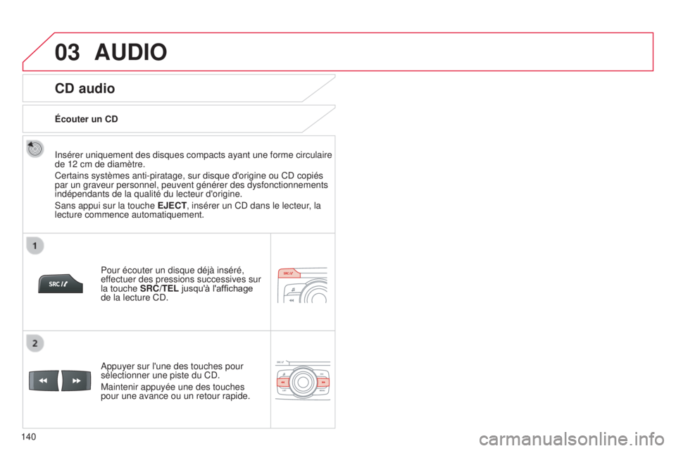 CITROEN C-ZERO 2016  Notices Demploi (in French) 03
140
CD audio
insérer uniquement des disques compacts ayant une forme circulaire 
de 12 cm de diamètre.
Certains systèmes anti-piratage, sur disque d'origine ou C
d  copiés 
par un graveur p