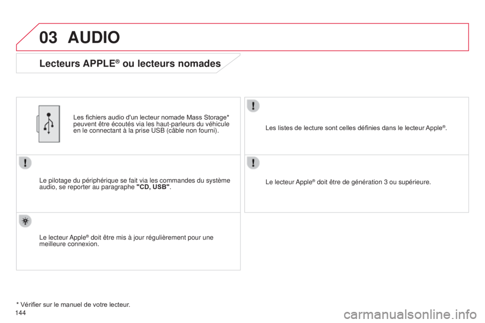 CITROEN C-ZERO 2016  Notices Demploi (in French) 03
144
AUDIO
le pilotage du périphérique se fait via les commandes du système\
 
audio, se reporter au paragraphe  "CD, USB".
Les fichiers audio d'un lecteur nomade Mass Storage* 
peuve
