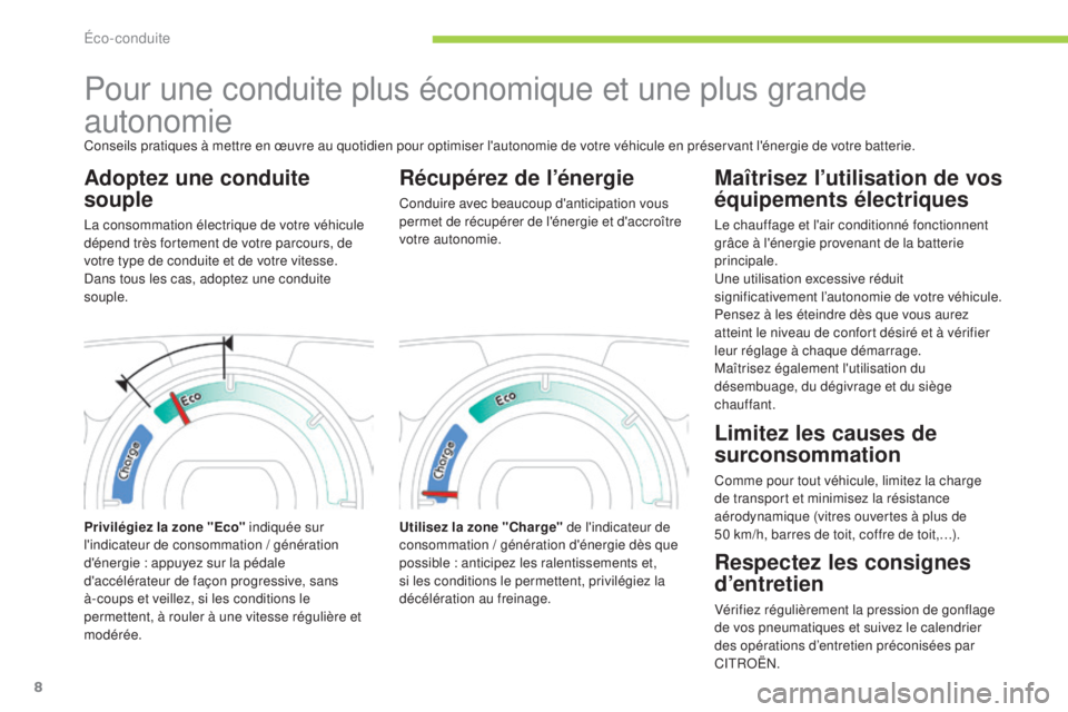 CITROEN C-ZERO 2016  Notices Demploi (in French) 8
Pour une conduite plus économique et une plus grande 
autonomie
Conseils pratiques à mettre en œuvre au quotidien pour optimiser l'autonomie de votre véhicule en préservant l'énergie d