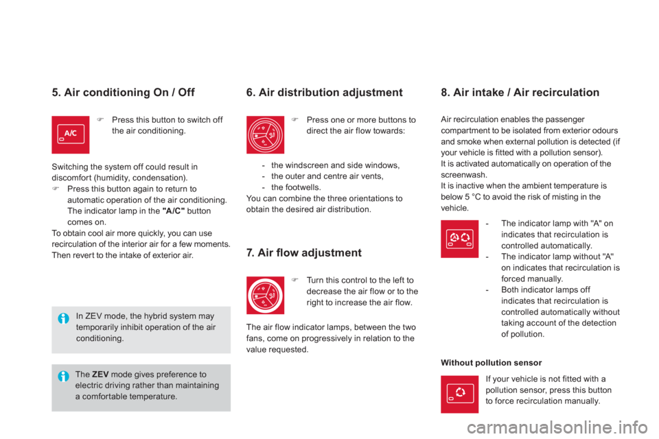 Citroen DS5 HYBRID4 2013 1.G Owners Manual 5. Air conditioning On / Off 
�)Press this button to switch off 
the air conditioning.  
Switchin
g the system off could result in
discomfort (humidity, condensation).�)Press this button again to retu