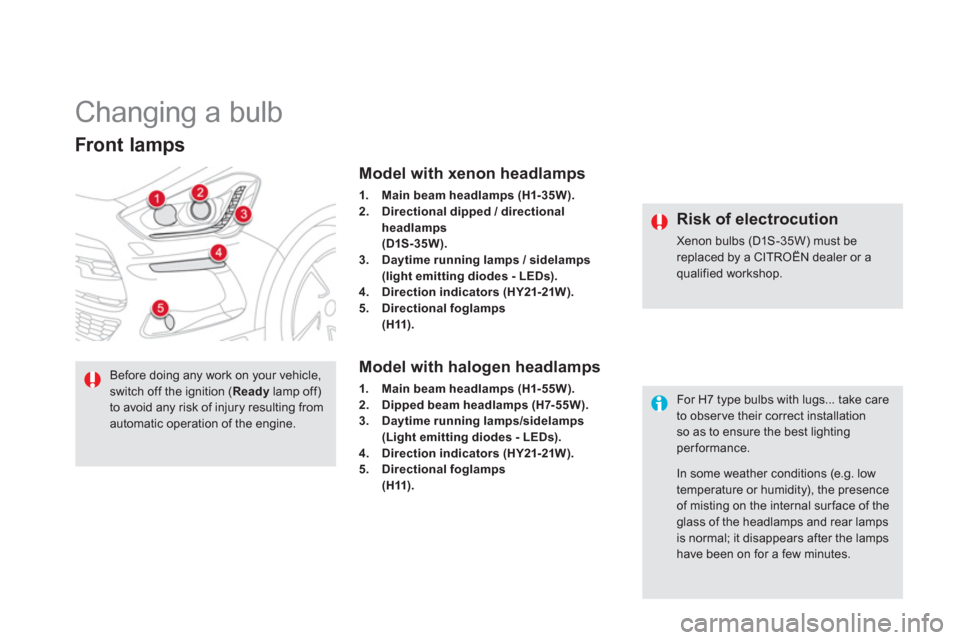 Citroen DS5 HYBRID4 2013 1.G Owners Manual    
 
 
 
 
 
 
 
 
 
 
Changing a bulb 
Front lamps  
Model with xenon headlamps 
1.Main beam headlamps (H1- 35W).2.Directional dipped / directionalheadlamps(D1S-35W).3.Daytime running lamps / sidela