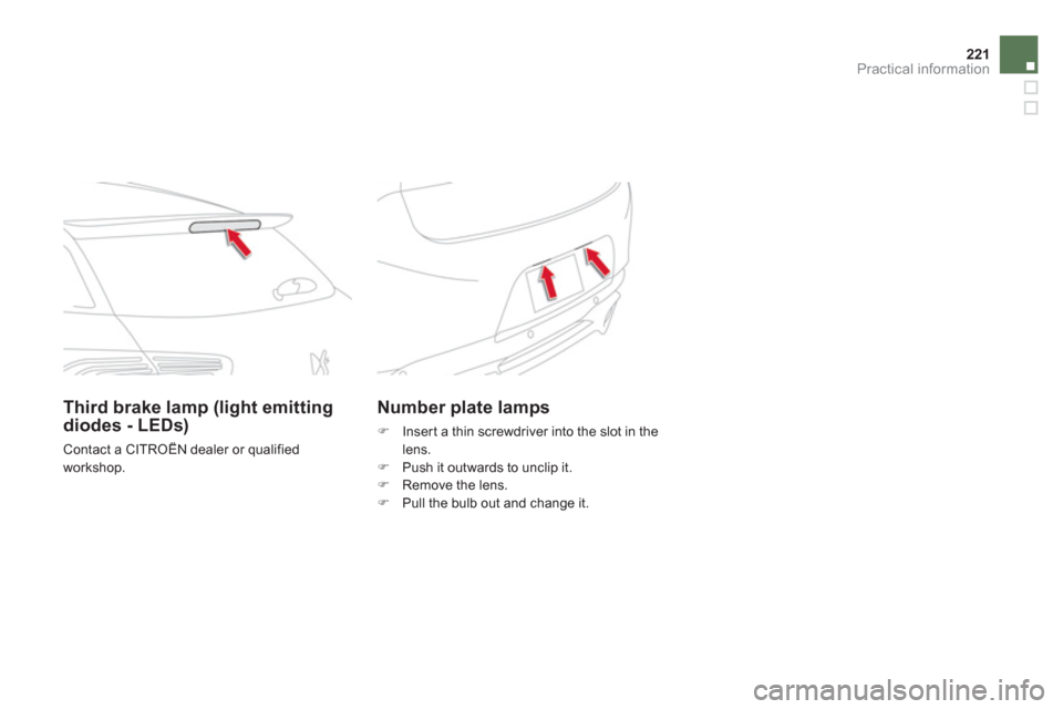 Citroen DS5 HYBRID4 2013 1.G Owners Manual 221Practical information
Number plate lamps
�)   Insert a thin screwdriver into the slot in thelens. �) 
  Push it outwards to unclip it. �) 
 Remove the lens.�) 
 Pull the bulb out and change it.  
 