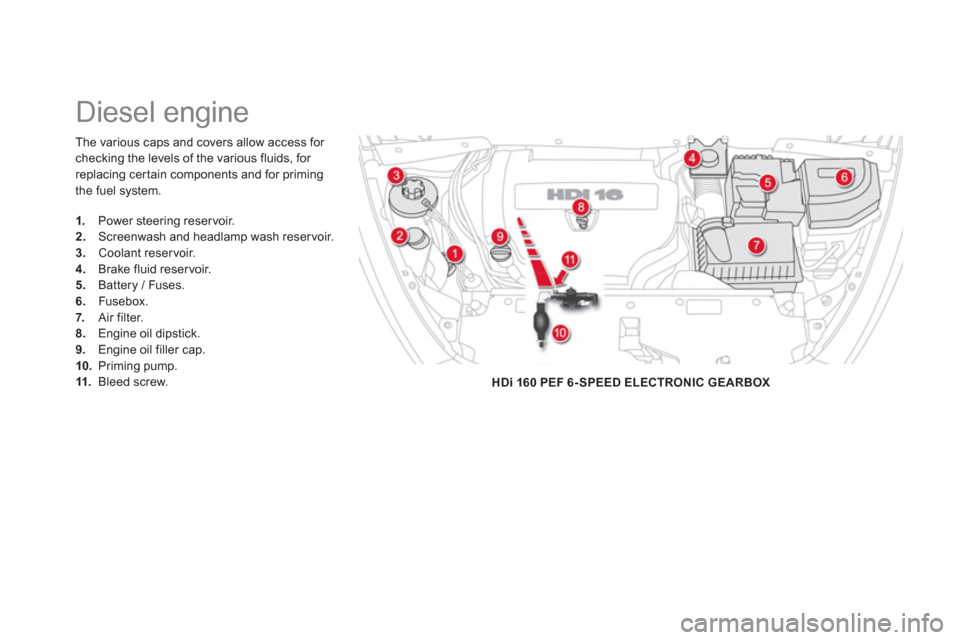 Citroen DS5 HYBRID4 2013 1.G Owners Guide The various caps and covers allow access for 
checking the levels of the various fluids, for replacing cer tain components and for primingthe fuel system.
   
 
 
 
 
 
 
 
 
 
 
 
 
 
Diesel engine 
