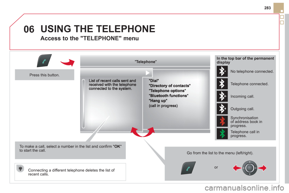 Citroen DS5 HYBRID4 2013 1.G Owners Manual 06
283
  USING THE TELEPHONE
 
 
Access to the "TELEPHONE" menu 
""""""""pppppTelephoneTelephoneTelephoneTelephoneTelephoneTelephoneTelephoneTelephoneTelephoneTelephoneTelephoneTelephoneTelephoneTelep