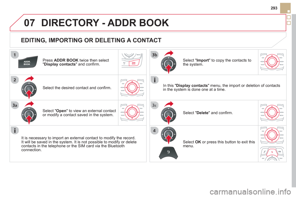 Citroen DS5 HYBRID4 2013 1.G Owners Manual 07
293
EDITING, IMPORTING OR DELETING A CONTACT
DIRECTORY - ADDR BOOK
Press ADDR BOOK
twice then select"Display contacts
" and confi rm.
Select the desired contact and confi rm.
It is Citroen DS5 HYBRID4 2013 1.G Owners Manual 07
293
EDITING, IMPORTING OR DELETING A CONTACT
DIRECTORY - ADDR BOOK
Press ADDR BOOK
twice then select"Display contacts
" and confi rm.
Select the desired contact and confi rm.
It is