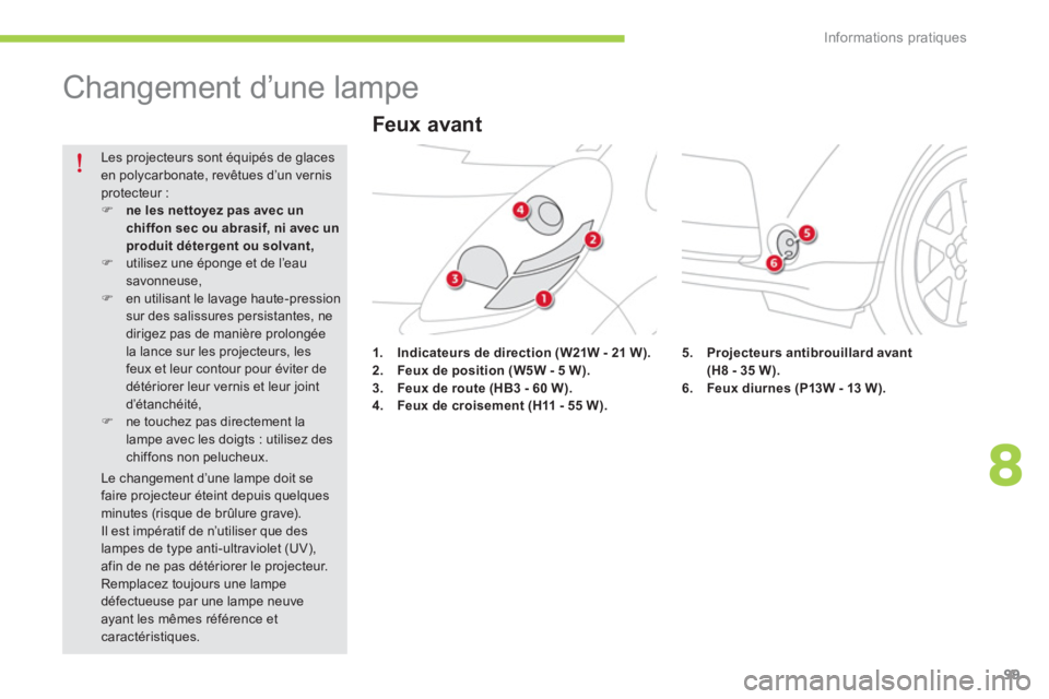 CITROEN C-ZERO 2014  Notices Demploi (in French) 8
Informations pratiques
99
   
 
 
 
 
 
 
 
Changement d’une lampe 
1.Indicateurs de direction (W21W - 21 W).2.Feux de position (W5W - 5 W).3.Feux de route (HB3 - 60 W).4.Feux de croisement (H11 -