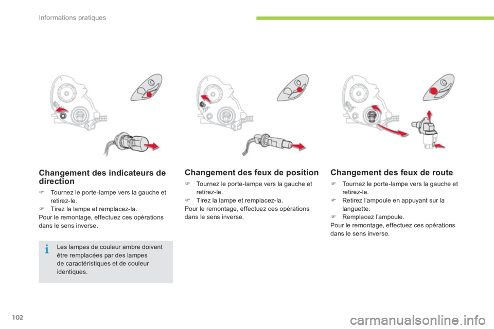 CITROEN C-ZERO 2014  Notices Demploi (in French) Informations pratiques
102
Changement des feux de position
�)   Tournez le por te-lampe vers la gauche et
retirez-le.�)   Tirez la lampe et remplacez-la.
  Pour le remontage, effectuez ces opérations