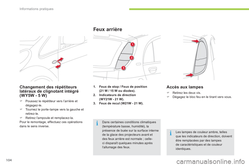 CITROEN C-ZERO 2014  Notices Demploi (in French) Informations pratiques
104
1.Feux de stop / Feux de position(21 W / 15 W ou diodes).2.Indicateurs de direction(W Y21W - 21 W).3.Feux de recul (W21W - 21 W).
Feux arrière 
   Les lampes de couleur amb