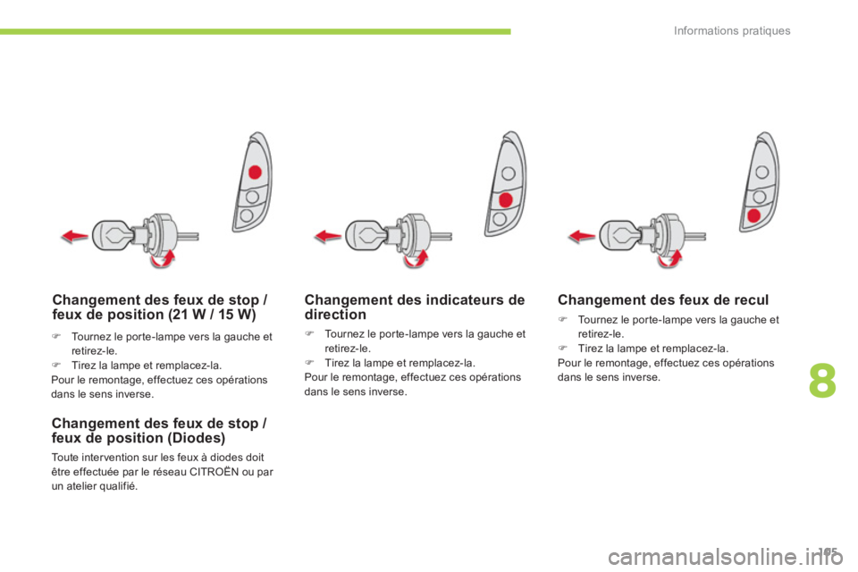 CITROEN C-ZERO 2014  Notices Demploi (in French) 8
Informations pratiques
105
Changement des indicateurs dedirection
�)   Tournez le por te-lampe vers la gauche et retirez-le. �) 
 Tirez la lampe et remplacez-la.
Pour le remontage, effectuez ces op