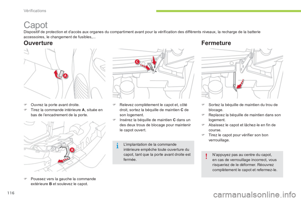 CITROEN C-ZERO 2014  Notices Demploi (in French) Vér if ic ations
116
   
 
 
 
 
 
 
 
 
 
 
Capot Dispositif de protection et d’accès aux organes du compartiment avant pour la vérification des différents niveaux, la recharge de la batterieac