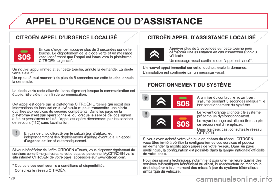 CITROEN C-ZERO 2014 Notices Demploi (in French) 128
APPEL D’URGENCE OU D’ASSISTANCE
CITROËN APPEL D’URGENCE LOCALISÉ
En cas d’urgence, appuyer plus de 2 secondes sur cette
touche. Le clignotement de la diode verte et un CITROEN C-ZERO 2014 Notices Demploi (in French) 128
APPEL D’URGENCE OU D’ASSISTANCE
CITROËN APPEL D’URGENCE LOCALISÉ
En cas d’urgence, appuyer plus de 2 secondes sur cette
touche. Le clignotement de la diode verte et un