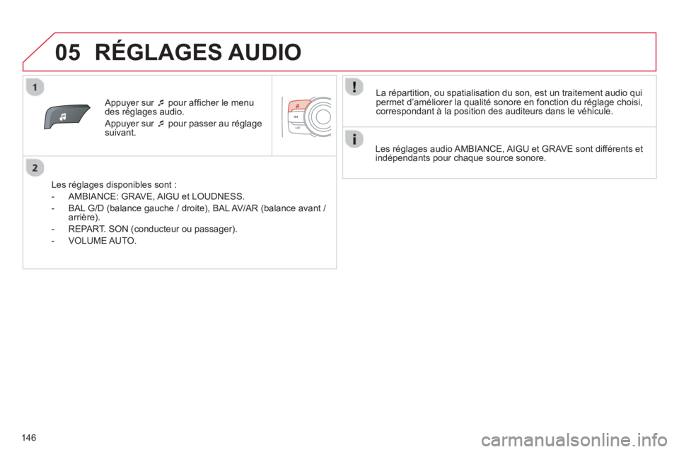 CITROEN C-ZERO 2014  Notices Demploi (in French) 05
146
   
 Appuyer sur �‘ 
 pour afﬁ cher le menu
des rÈglages audio.
  Appu
yer sur �‘ 
 pour passer au réglagesuivant.
   
Les ré
glages disponibles sont :
   
 
-  AMBIAN
CE: GRAVE, AIGU 