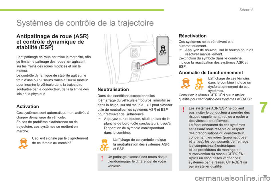 CITROEN C-ZERO 2014 Notices Demploi (in French) 7
Sécurité
Antipatinage de roue (ASR)
et contrôle dynamique de
stabilité
(ESP)
Systèmes de contrôle de la trajectoire
Neutralisation
Dans des conditions exceptionnel CITROEN C-ZERO 2014 Notices Demploi (in French) 7
Sécurité
Antipatinage de roue (ASR)
et contrôle dynamique de
stabilité
(ESP)
Systèmes de contrôle de la trajectoire
Neutralisation
Dans des conditions exceptionnel