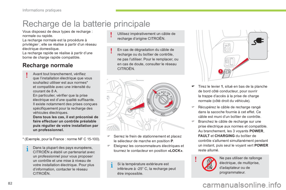 CITROEN C-ZERO 2014 Notices Demploi (in French) Informations pratiques
82
Recharge de la batterie principale
Tirez le levier 1
, situé en bas de la planche
de bord côté conducteur, pour ouvrir
la trappe d’accès à la prise CITROEN C-ZERO 2014 Notices Demploi (in French) Informations pratiques
82
Recharge de la batterie principale
Tirez le levier 1
, situé en bas de la planche
de bord côté conducteur, pour ouvrir
la trappe d’accès à la prise
