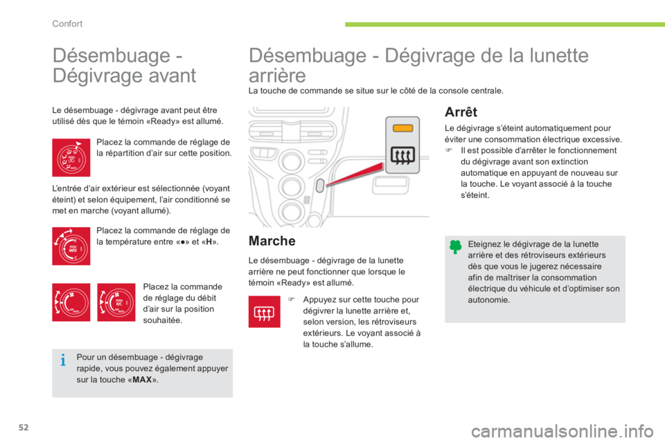 CITROEN C-ZERO 2014  Notices Demploi (in French) Confort
52
   
Eteignez le dégivrage de la lunettearrière et des rétroviseurs extérieursdès que vous le jugerez nécessaireafin de maîtriser la consommationélectrique du véhicule et d’optimi