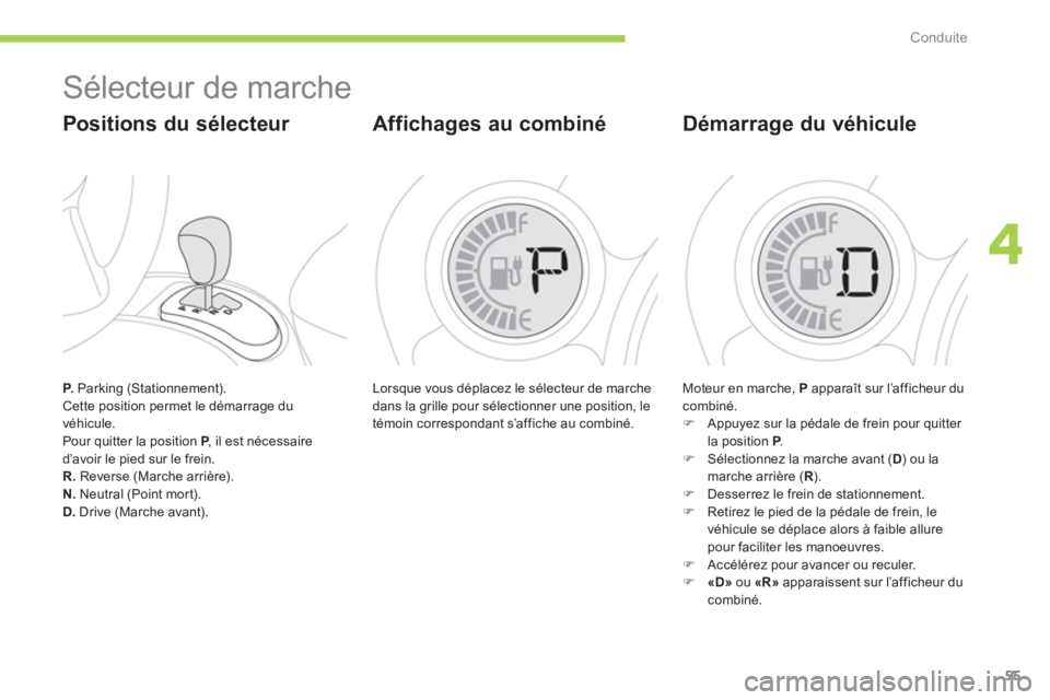 CITROEN C-ZERO 2014  Notices Demploi (in French) 4
Conduite
55
P.   Parking (Stationnement). 
  Cette position permet le démarrage du
véhicule. 
  Pour quitter la position  P, il est nécessairePd’avoir le pied sur le frein.R.Reverse (Marche arr