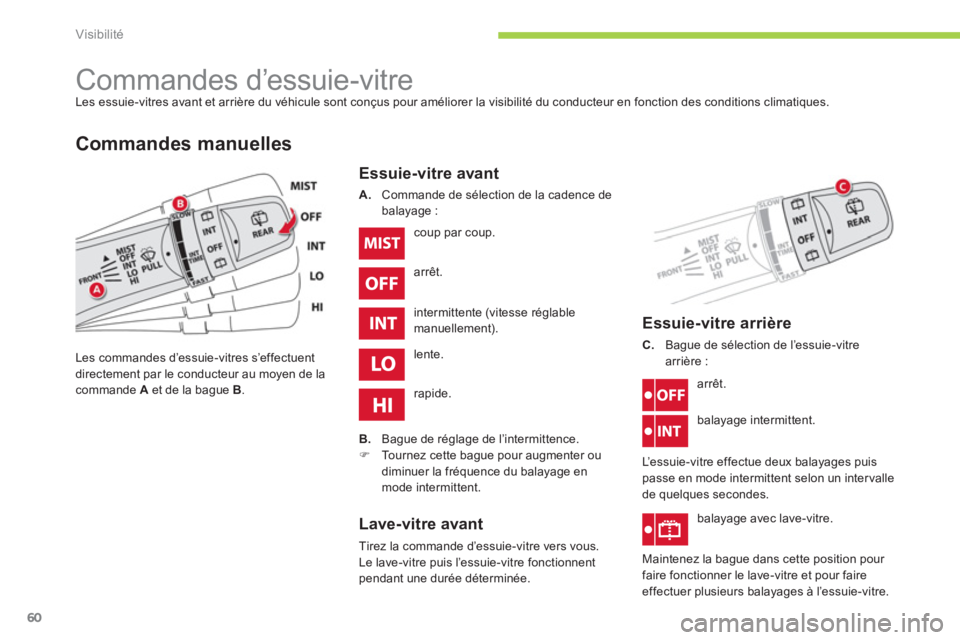 CITROEN C-ZERO 2014 Notices Demploi (in French) Visibilité
60
Commandes d’essuie-vitre Les essuie-vitres avant et arrière du véhicule sont conçus pour améliorer la visibilité du conducteur en fonction des conditions climat CITROEN C-ZERO 2014 Notices Demploi (in French) Visibilité
60
Commandes d’essuie-vitre Les essuie-vitres avant et arrière du véhicule sont conçus pour améliorer la visibilité du conducteur en fonction des conditions climat