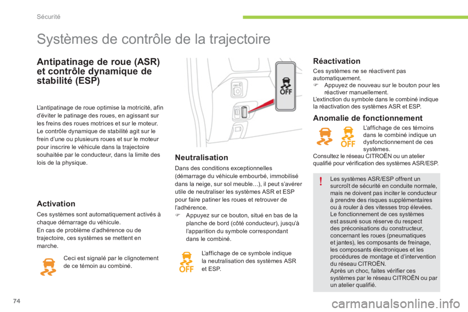 CITROEN C-ZERO 2014  Notices Demploi (in French) Sécurité
74
Antipatinage de roue (ASR)
et contrôle dynamique de
stabilité 
(ESP)
   
 
 
 
 
 
 
 
 
 
 
 
 
 
Systèmes de contrôle de la trajectoire 
 
 
 
Neutralisation 
 
Dans des conditions