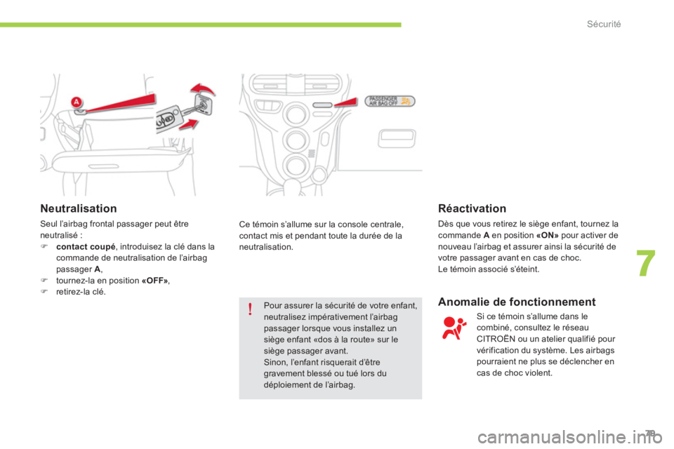 CITROEN C-ZERO 2014  Notices Demploi (in French) 7
Sécurité
79
   
Neutralisation 
 Seul l’airbag frontal passager peut êtreneutralisé :�)contact coupé, introduisez la clé dans lacommande de neutralisation de l’airbagpassager  A , �)tourne