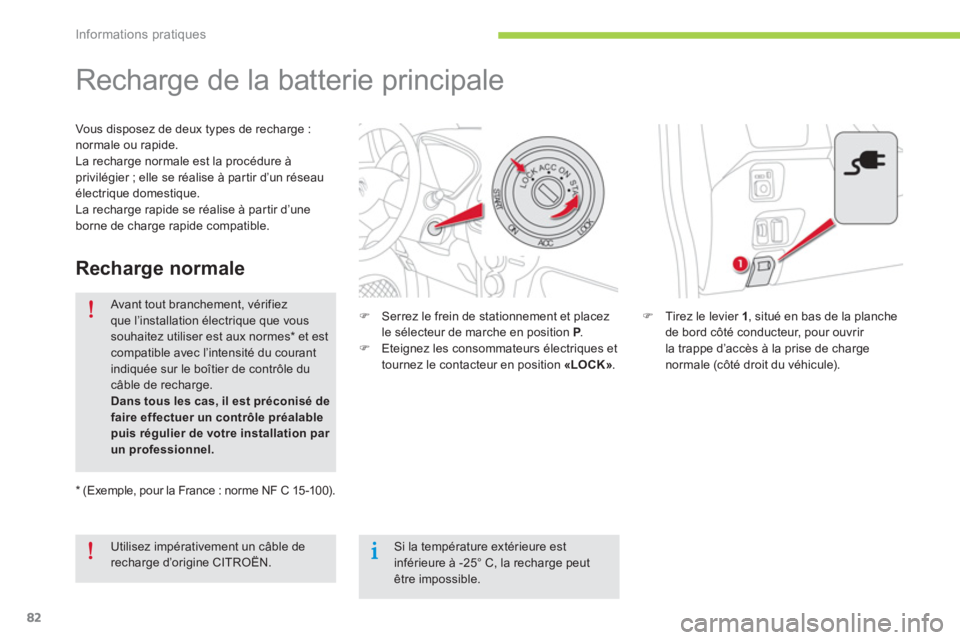 CITROEN C-ZERO 2014  Notices Demploi (in French) Informations pratiques
82
   
 
 
 
 
 
 
 
Recharge de la batterie principale  
�)Tirez le levier 1 
, situé en bas de la planche 
de bord côté conducteur, pour ouvrir 
la trappe d
’accès à la