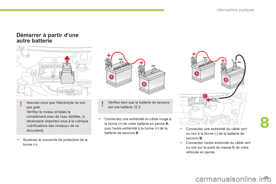 CITROEN C-ZERO 2014  Notices Demploi (in French) 8
Informations pratiques
89
�)Soulevez le couvercle de protection de la 
borne (+).  
 
�) 
  Connectez une extrémité du câble rouge àla borne (+) de votre batterie en panne  A,puis l’autre extr