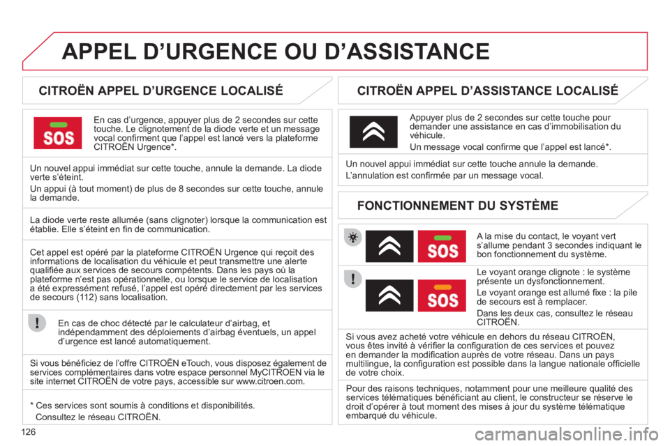 CITROEN C-ZERO 2012 Notices Demploi (in French) 126
APPEL D’URGENCE OU D’ASSISTANCE
CITROËN APPEL D’URGENCE LOCALISÉ
En cas d’urgence, appuyer plus de 2 secondes sur cette
touche. Le clignotement de la diode verte et un CITROEN C-ZERO 2012 Notices Demploi (in French) 126
APPEL D’URGENCE OU D’ASSISTANCE
CITROËN APPEL D’URGENCE LOCALISÉ
En cas d’urgence, appuyer plus de 2 secondes sur cette
touche. Le clignotement de la diode verte et un