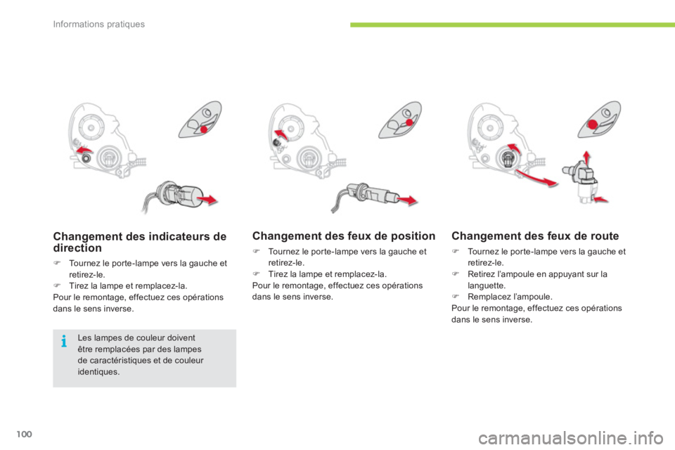 CITROEN C-ZERO 2011  Notices Demploi (in French) i
Informations pratiques
100
   
Changement des feux de position
�) 
 Tournez le por te-lampe vers la gauche et
retirez-le.�)   Tirez la lampe et remplacez-la.
  Pour le remontage, effectuez ces opér