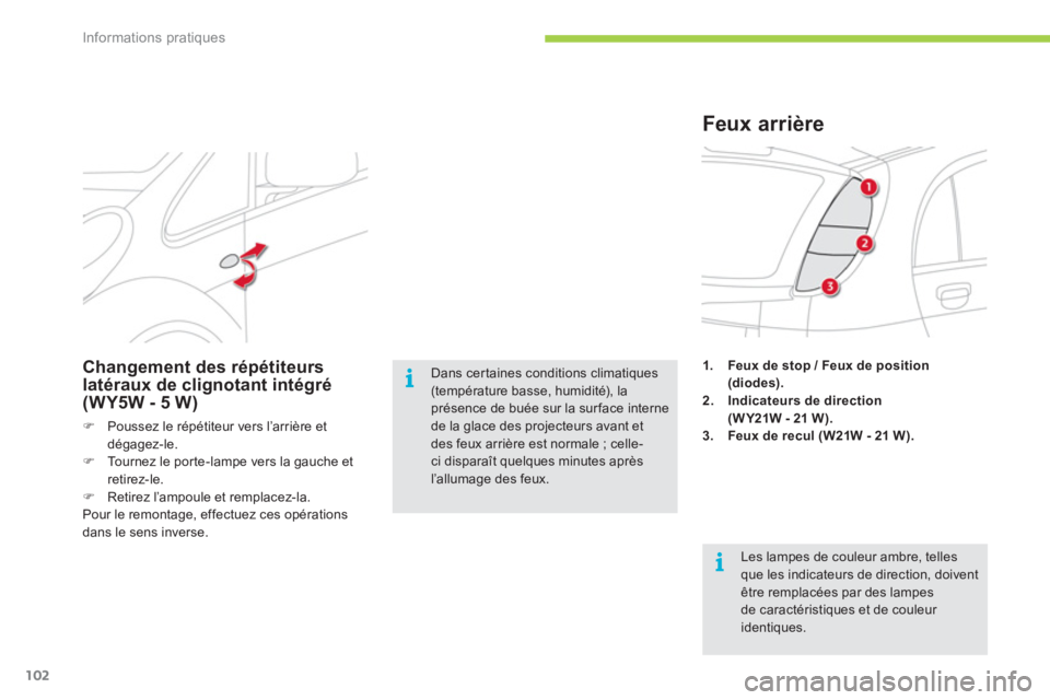 CITROEN C-ZERO 2011  Notices Demploi (in French) i
i
Informations pratiques
102
1.Feux de stop / Feux de position(diodes).2.Indicateurs de direction(W Y21W - 21 W).3.Feux de recul (W21W - 21 W).
Feux arrière 
 Les lampes de couleur ambre, telles qu
