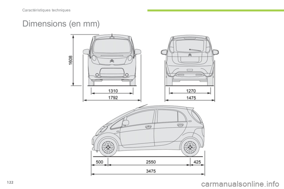 CITROEN C-ZERO 2011 Notices Demploi (in French) Caractéristiques techniques
122
Dimensions (en mm) CITROEN C-ZERO 2011 Notices Demploi (in French) Caractéristiques techniques
122
Dimensions (en mm)