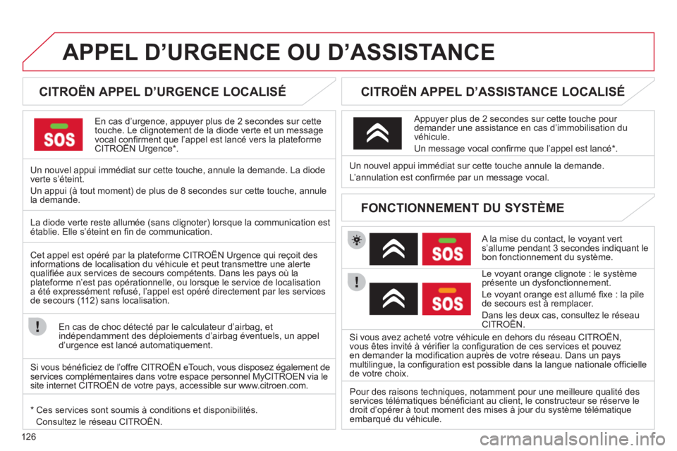 CITROEN C-ZERO 2011 Notices Demploi (in French) 126
APPEL D’URGENCE OU D’ASSISTANCE
CITROËN APPEL D’URGENCE LOCALISÉ
En cas d’urgence, appuyer plus de 2 secondes sur cette
touche. Le clignotement de la diode verte et un CITROEN C-ZERO 2011 Notices Demploi (in French) 126
APPEL D’URGENCE OU D’ASSISTANCE
CITROËN APPEL D’URGENCE LOCALISÉ
En cas d’urgence, appuyer plus de 2 secondes sur cette
touche. Le clignotement de la diode verte et un