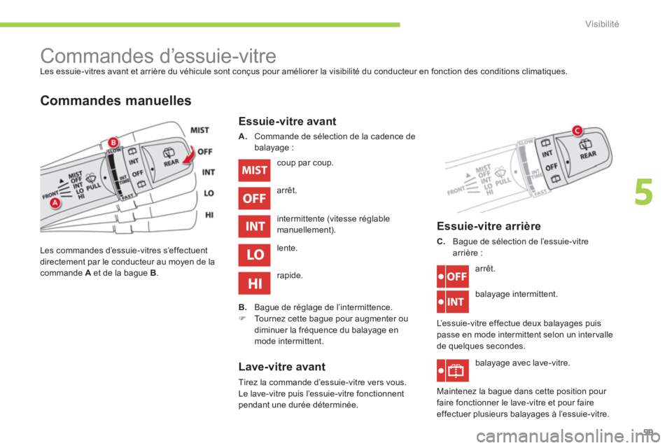 CITROEN C-ZERO 2011 Notices Demploi (in French) 5
Visibilité
59
Commandes d’essuie-vitre
Les essuie-vitres avant et arrière du véhicule sont conçus pour améliorer la visibilité du conducteur en fonction des conditions cl CITROEN C-ZERO 2011 Notices Demploi (in French) 5
Visibilité
59
Commandes d’essuie-vitre
Les essuie-vitres avant et arrière du véhicule sont conçus pour améliorer la visibilité du conducteur en fonction des conditions cl