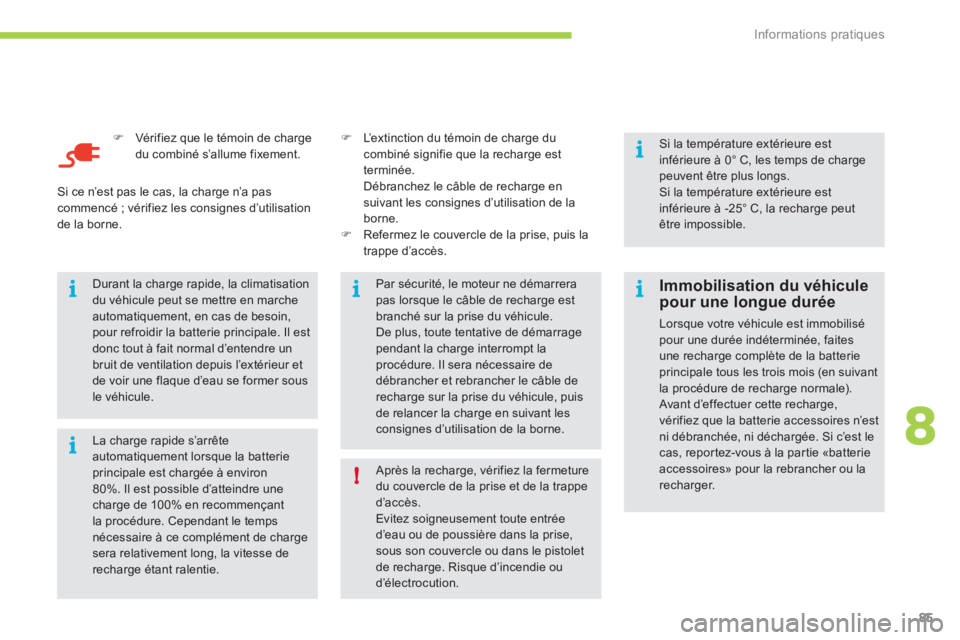 CITROEN C-ZERO 2011  Notices Demploi (in French) 8i
ii
i
!
i
Informations pratiques
85
�)Vér ifiez que le témoin de chargedu combiné s’allume fixement.  
 
La charge rapide s’arrête automatiquement lorsque la batterieprincipale est chargée 