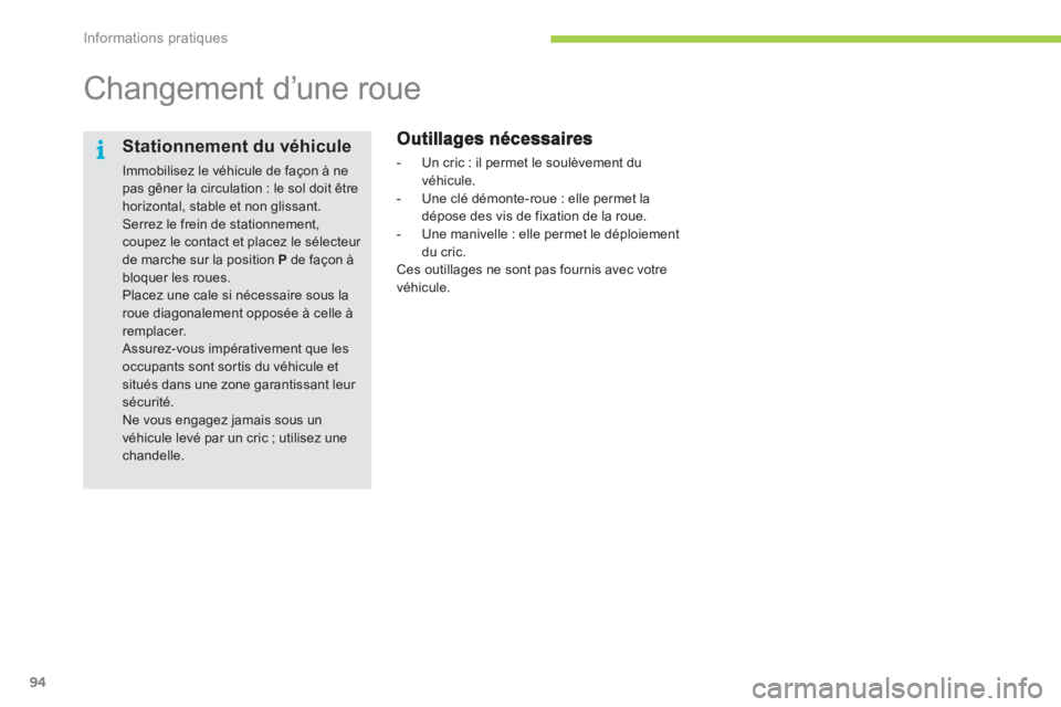 CITROEN C-ZERO 2011  Notices Demploi (in French) i
Informations pratiques
94
   
 
 
 
 
 
 
 
Changement d’une roue  
 
 
 
-   Un cric : il permet le soulèvement du
v
éhicule. 
   
-   Une clé démonte-roue : elle permet la 
dépose des vis d