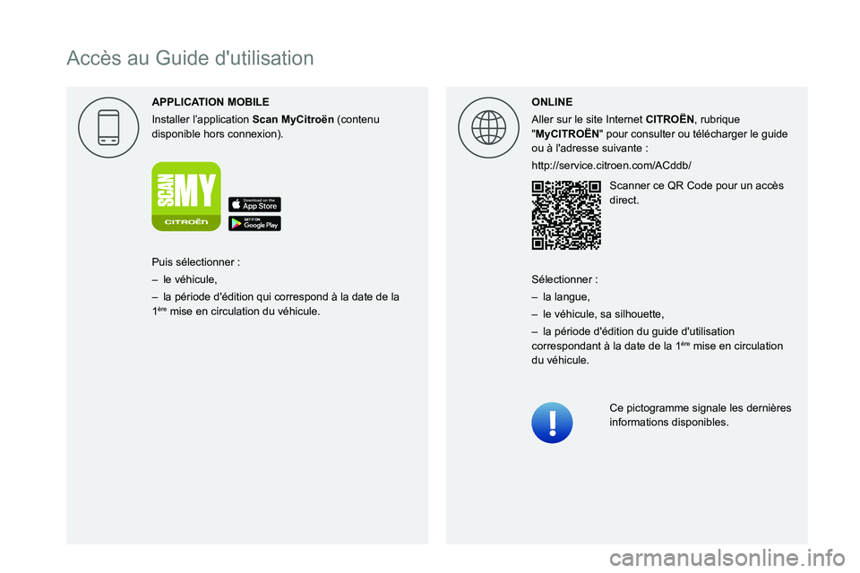 CITROEN C3 2020  Notices Demploi (in French)  
 
 
 
 
 
 
 
 
   
Accès au Guide d'utilisation
APPLICA
Installer l’application Scan MyCitro\353n (contenu 
disponible hors connexion). ONLINE
Aller sur le site Internet CITRO\313N, rubrique