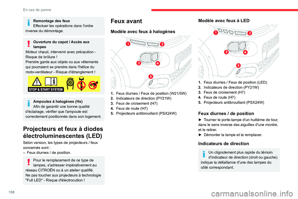 CITROEN C3 2020 Notices Demploi (in French) 130
En cas de panne
Remontage des feux
Effectuer les opérations dans l'ordre
inverse du démontage.
Ouverture du capot / Accès aux lampesMoteur chaud, intervenir avec précaution - Risque de br CITROEN C3 2020 Notices Demploi (in French) 130
En cas de panne
Remontage des feux
Effectuer les opérations dans l'ordre
inverse du démontage.
Ouverture du capot / Accès aux lampesMoteur chaud, intervenir avec précaution - Risque de br