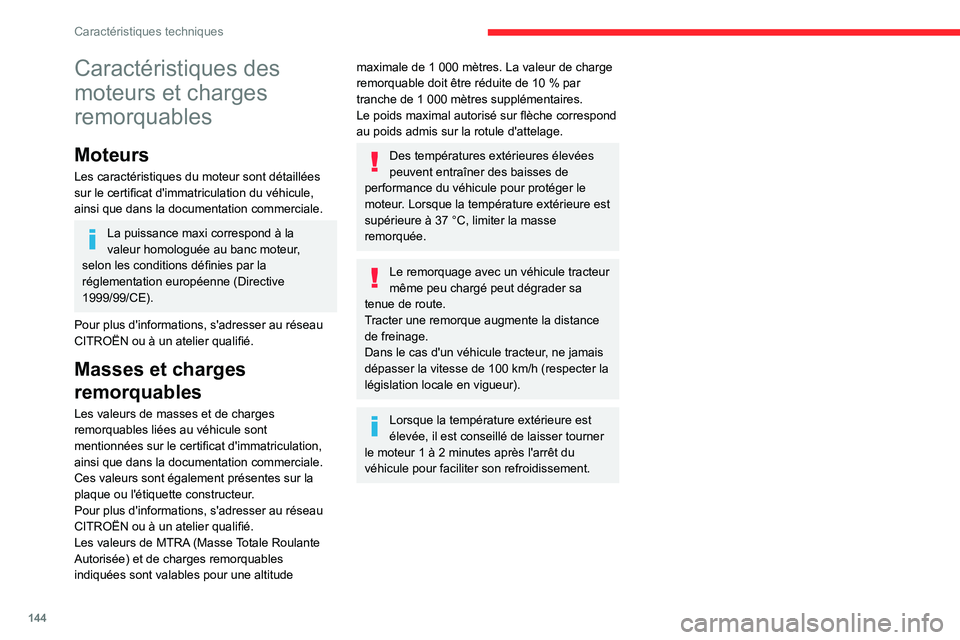 CITROEN C3 2020 Notices Demploi (in French) 144
Caractéristiques techniques
Caractéristiques des
moteurs et charges
remorquables
Moteurs
Les caractéristiques du moteur sont détaillées
sur le certificat d'immatriculation du véhicule CITROEN C3 2020 Notices Demploi (in French) 144
Caractéristiques techniques
Caractéristiques des
moteurs et charges
remorquables
Moteurs
Les caractéristiques du moteur sont détaillées
sur le certificat d'immatriculation du véhicule