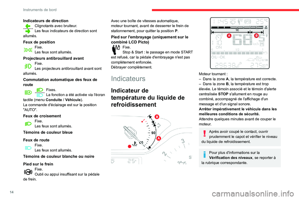 CITROEN C3 2020  Notices Demploi (in French) 14
Instruments de bord
Indicateurs de directionClignotants avec bruiteur.
Les feux indicateurs de direction sont 
allumés.
Feux de positionFixe.Les feux sont allumés.
Projecteurs antibrouillard avan