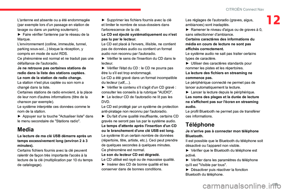 CITROEN C3 2020 Notices Demploi (in French) 199
CITROËN Connect Nav
12L'antenne est absente ou a été endommagée
(par exemple lors d'un passage en station de
lavage ou dans un parking souterrain).
► Faire vérifier l'antenne CITROEN C3 2020 Notices Demploi (in French) 199
CITROËN Connect Nav
12L'antenne est absente ou a été endommagée
(par exemple lors d'un passage en station de
lavage ou dans un parking souterrain).
► Faire vérifier l'antenne