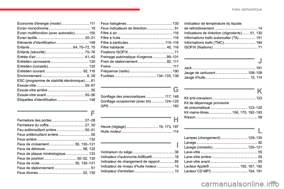 CITROEN C3 2020 Notices Demploi (in French) 203
Index alphabétique
Economie d'énergie (mode) 111Ecran monochrome 19Ecran multifonction (avec autoradio) 150Écran tactile 20–21Eléments d'identification 148Enfants 64, 70â CITROEN C3 2020 Notices Demploi (in French) 203
Index alphabétique
Economie d'énergie (mode) 111Ecran monochrome 19Ecran multifonction (avec autoradio) 150Écran tactile 20–21Eléments d'identification 148Enfants 64, 70â