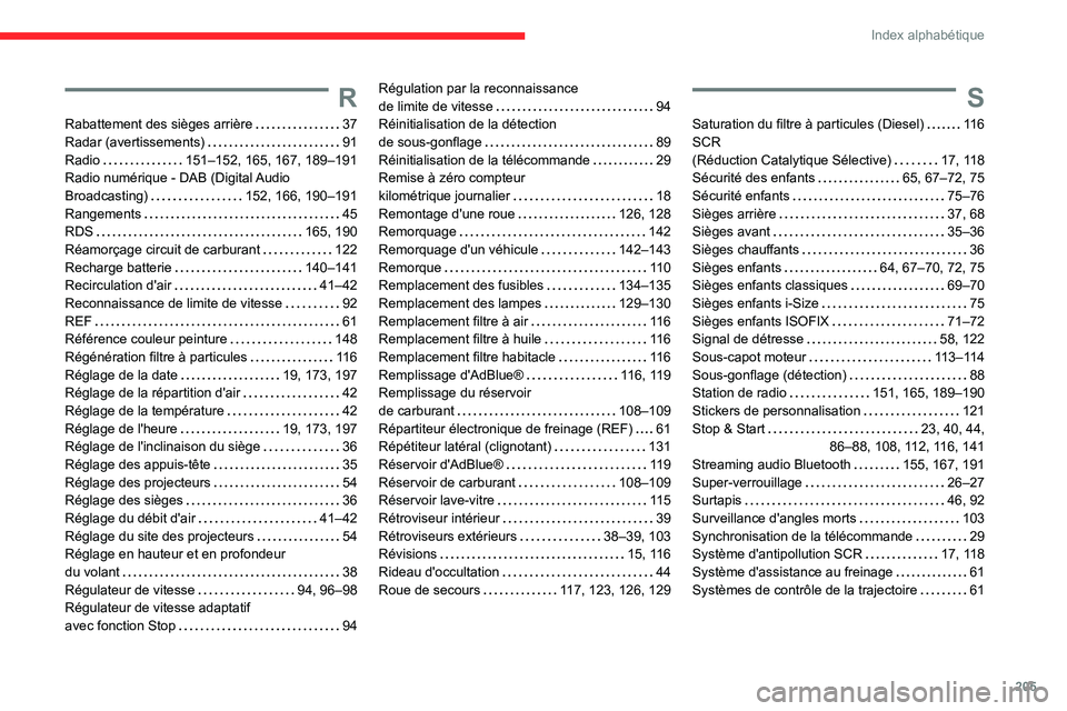 CITROEN C3 2020 Notices Demploi (in French) 205
Index alphabétique
R
Rabattement des sièges arrière 37Radar (avertissements) 91Radio 151–152, 165, 167, 189–191Radio numérique - DAB (Digital Audio Broadcasting) 152, 166, 190–19 CITROEN C3 2020 Notices Demploi (in French) 205
Index alphabétique
R
Rabattement des sièges arrière 37Radar (avertissements) 91Radio 151–152, 165, 167, 189–191Radio numérique - DAB (Digital Audio Broadcasting) 152, 166, 190–19