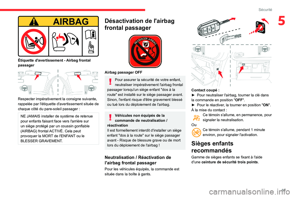CITROEN C3 2020 Notices Demploi (in French) 69
Sécurité
5
Étiquette d'avertissement - Airbag frontal passager
Respecter impérativement la consigne suivante,
rappelée par l'étiquette d'avertissement située de
chaque cô CITROEN C3 2020 Notices Demploi (in French) 69
Sécurité
5
Étiquette d'avertissement - Airbag frontal passager
Respecter impérativement la consigne suivante,
rappelée par l'étiquette d'avertissement située de
chaque cô
