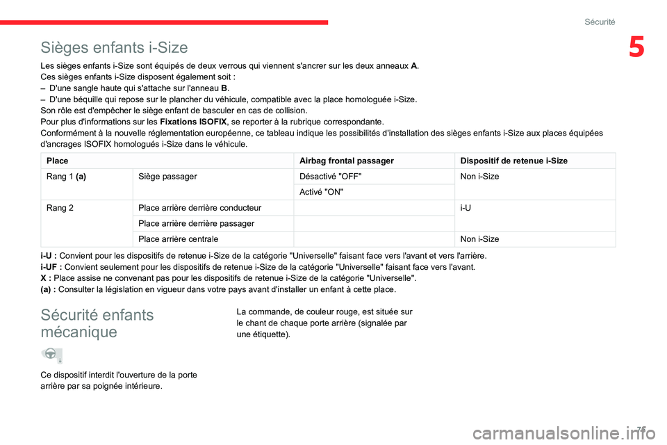 CITROEN C3 2020 Notices Demploi (in French) 75
Sécurité
5Sièges enfants i-Size
Les sièges enfants i-Size sont équipés de deux verrous qui viennent s'ancrer sur les deux anneaux A.Ces sièges enfants i-Size disposent également soit :â CITROEN C3 2020 Notices Demploi (in French) 75
Sécurité
5Sièges enfants i-Size
Les sièges enfants i-Size sont équipés de deux verrous qui viennent s'ancrer sur les deux anneaux A.Ces sièges enfants i-Size disposent également soit :â
