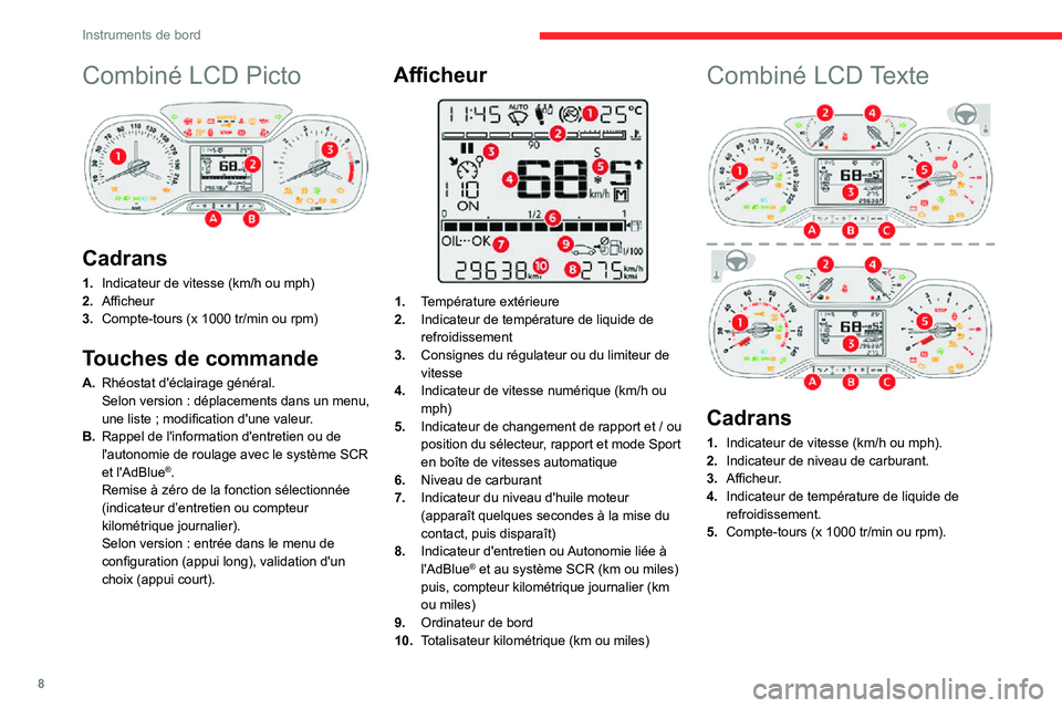 CITROEN C3 2020  Notices Demploi (in French) 8
Instruments de bord
Combiné LCD Picto 
 
Cadrans
1.Indicateur de vitesse (km/h ou mph)
2. Afficheur
3. Compte-tours (x 1000 tr/min ou rpm)
Touches de commande
A.Rhéostat d'éclairage général