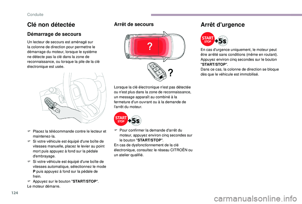 CITROEN C3 2019  Notices Demploi (in French) 124
Clé non détectée
Démarrage de secours
Un lecteur de secours est aménagé sur 
la colonne de direction pour permettre le 
démarrage du moteur, lorsque le système 
ne détecte pas la clé dan