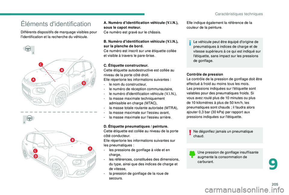 CITROEN C3 2019  Notices Demploi (in French) 205
Éléments d'identification
Différents dispositifs de marquage visibles pour 
l'identification et la recherche du véhicule.A. Numéro d'identification véhicule (V.I.N.), 
sous le ca