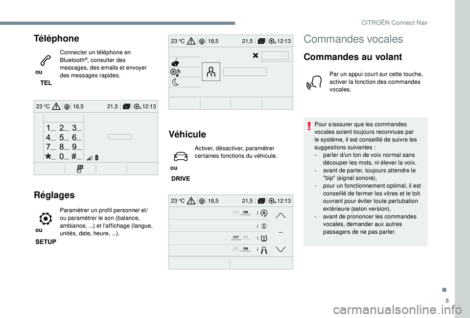 CITROEN C3 2019  Notices Demploi (in French) 5
12:13
18,5 21,5
23 °C
12:13
18,5 21,5
23 °C
12:13
18,5 21,5
23 °C
Téléphone
 ou  Connecter un téléphone en 
Bluetooth
®, consulter des 
messages, des emails et envoyer 
des messages rapides.